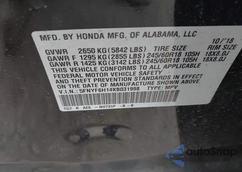 2019 Honda Pilot Lx из США, поврежденный, VIN 5FNYF6H14KB031998